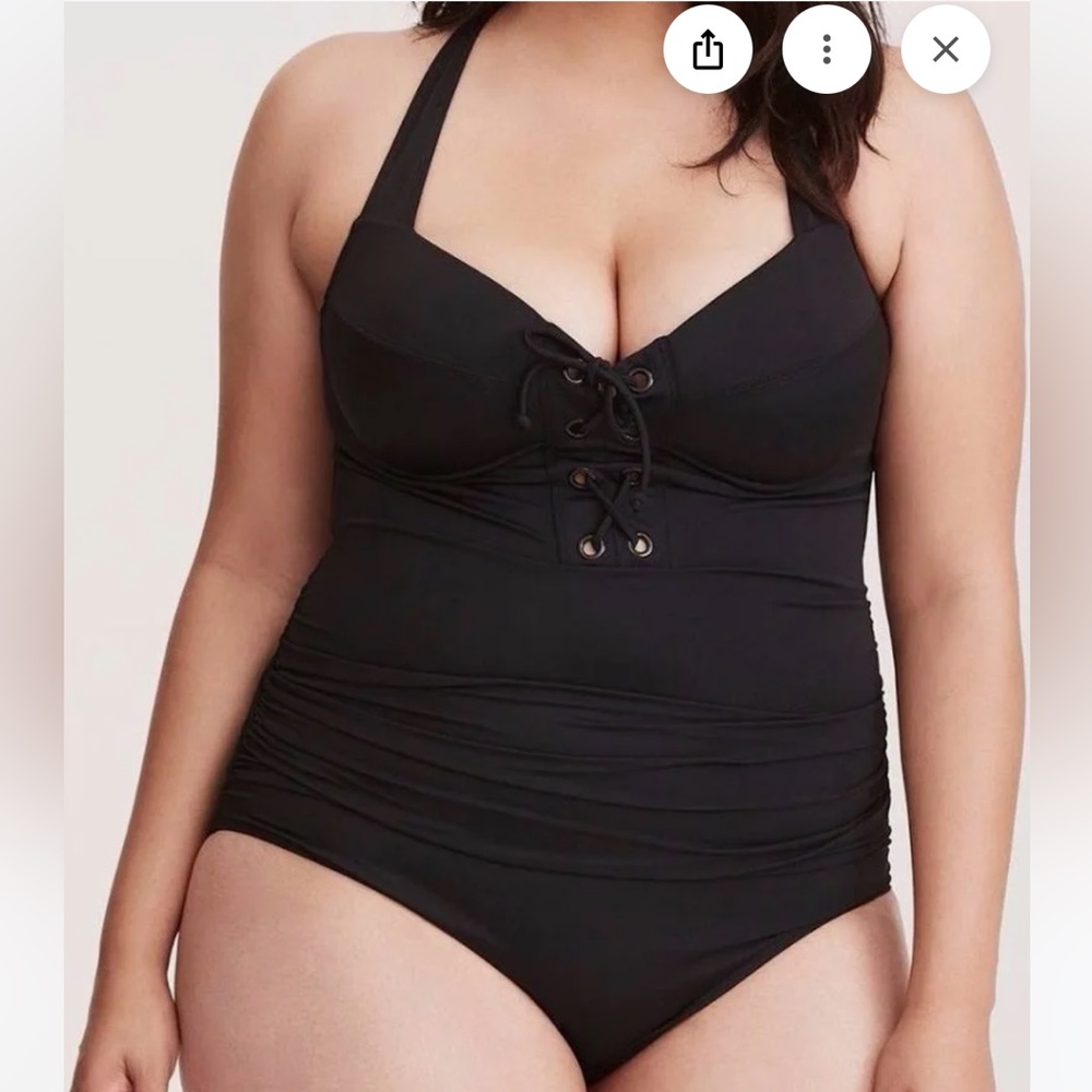 Torrid Size 2 Black Lace Up Wireless One Piece Ruched Bra Support Swimsuit 18/20